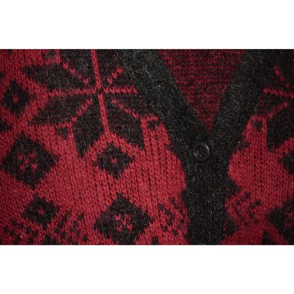 HILDA LTD Vintage Icelandic Wool Cardigan Red Black Nordic Snowflake Sweater L - Picture 3 of 4